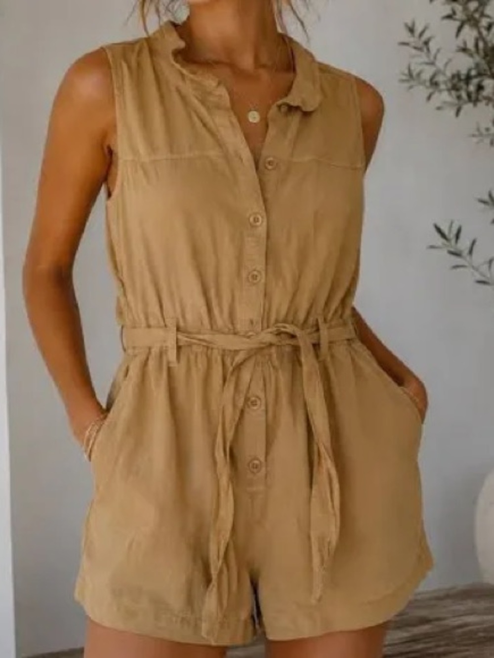 cloth & stone Tan Button-Front Sleeveless Romper with Waist Tie